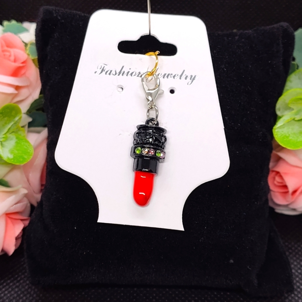 Red lipstick in jewelry studded lipstick case lobster claw clasp Charm New